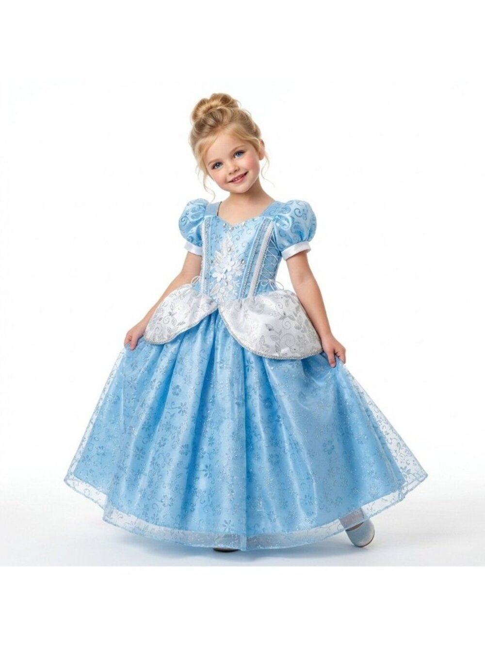 Girls Cinderella Princess Costume Dress Blue Silver Satin Organza Birthday Party